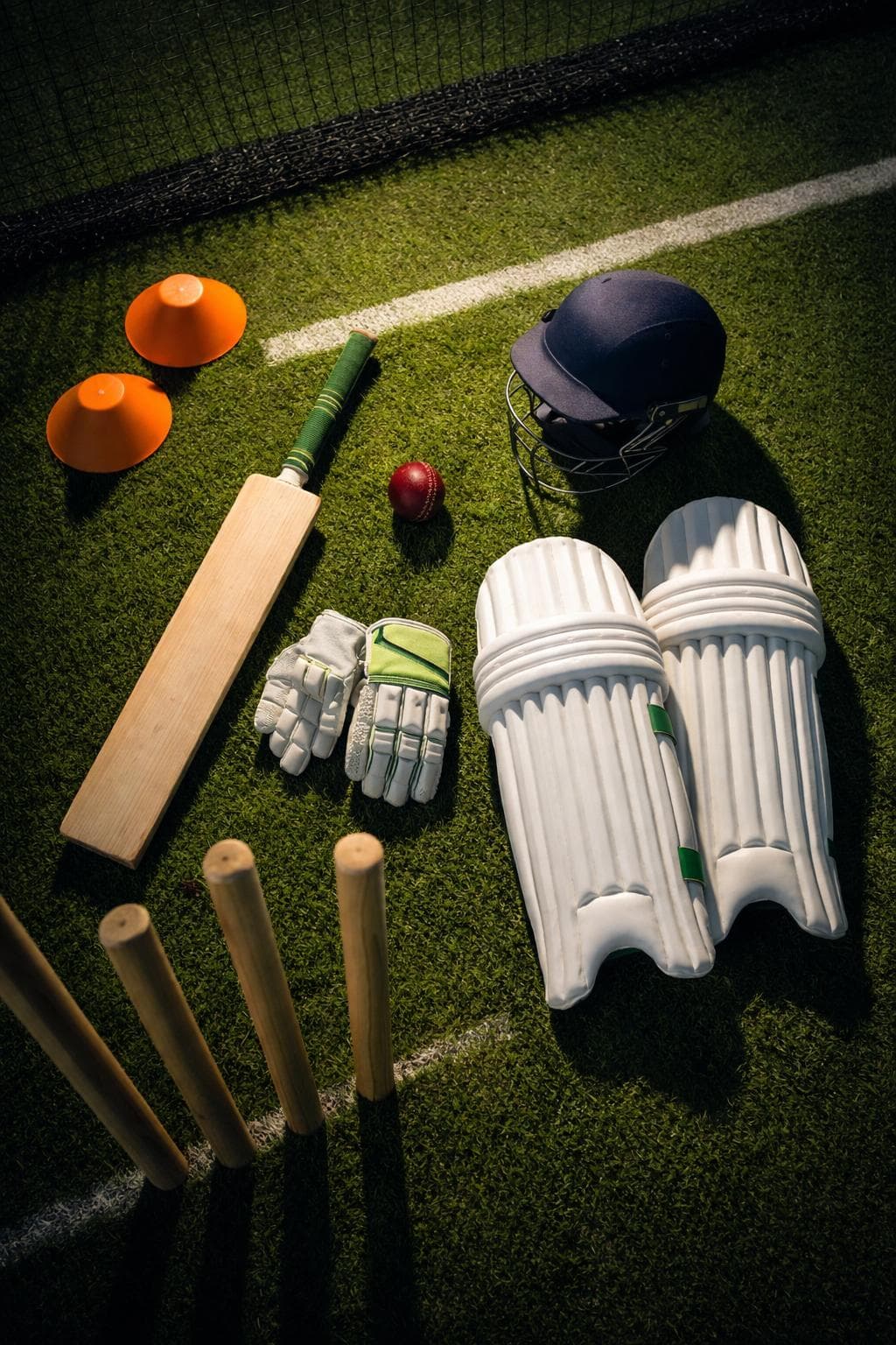 Cricket training gear — bat, ball, gloves, pads and stumps at KGC Academy